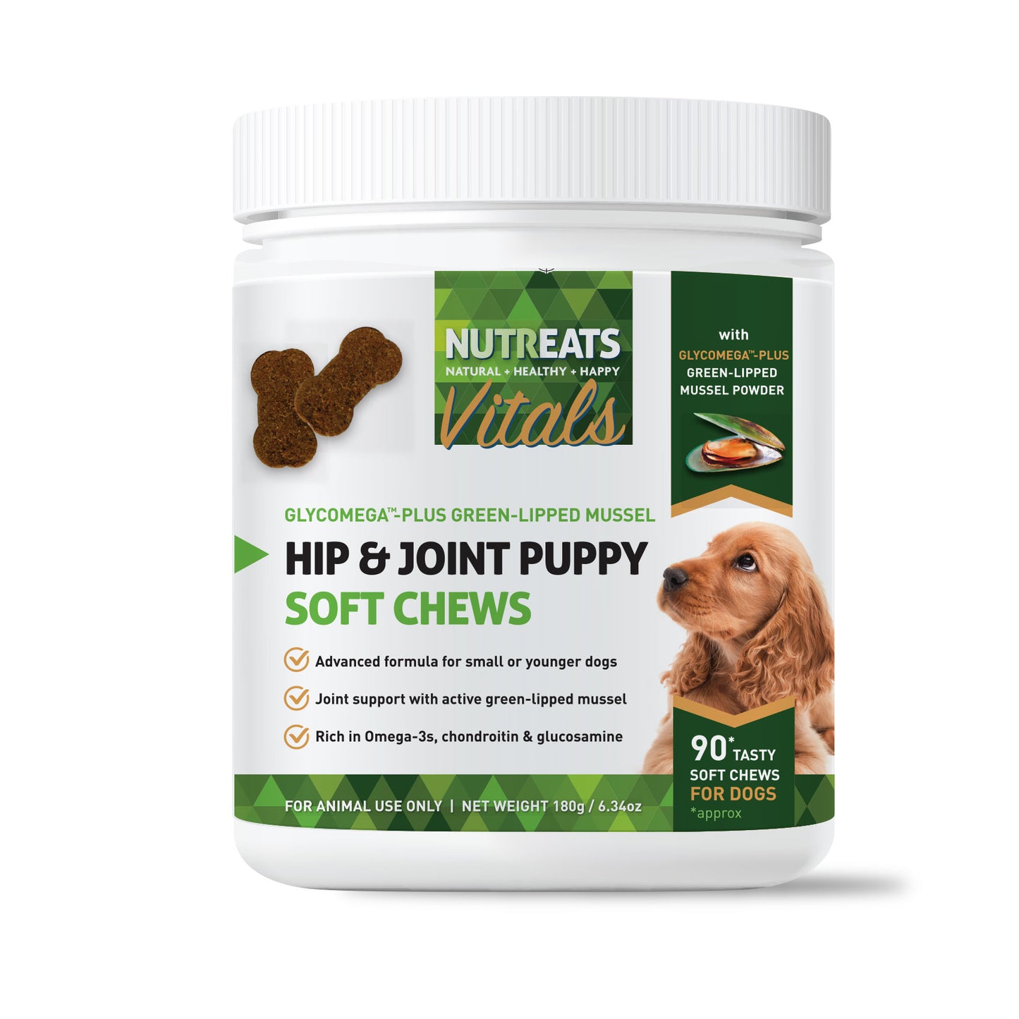 Hip and joint soft chews mobility supplement for puppy health. With GlycOmega-PLUS green-lipped mussel powder. For small or young dogs. Joint support with green-lipped mussel powder. Rich in omega 3, chondroitin and glucosamine for dogs and young puppies.
