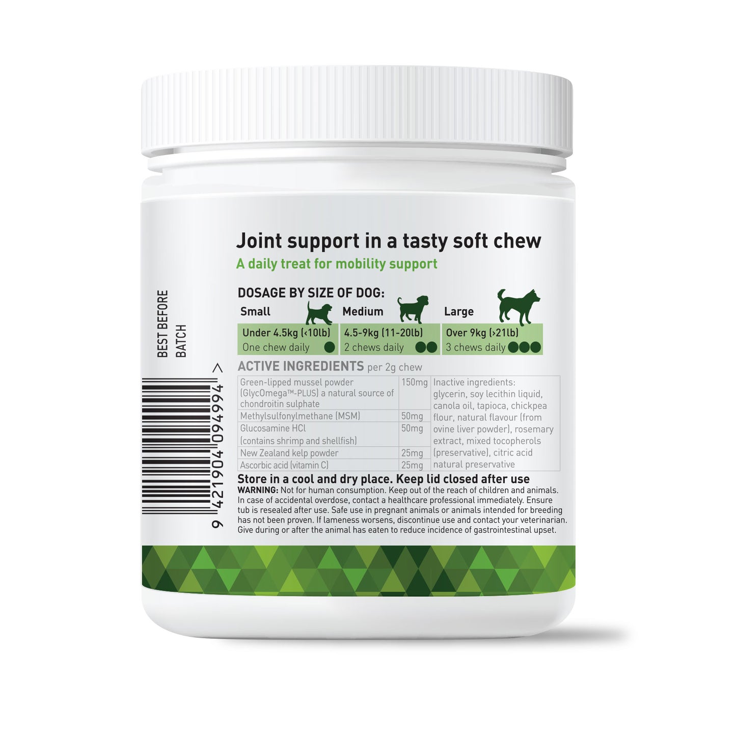 Joint support soft chews for dogs and puppies. Actively supporting healthy dog joints. Hip and joint soft chews mobility supplement for puppy health. With GlycOmega-PLUS green-lipped mussel powder. For small or young dogs. Joint support with green-lipped mussel powder. Rich in omega 3, chondroitin and glucosamine for dogs and young puppies.