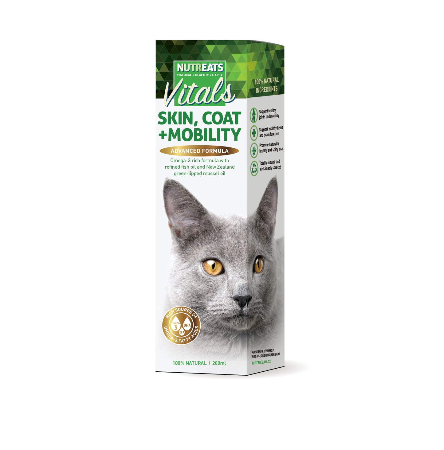 Nutreats Skin, Coat and Mobility oil for cats - supplement for healthy skin, coat and supporting mobility in cats. 100% natural nutritional supplement. Supporting healthy joints and mobility in cats. Supports healthy heart and brain function. Promotes naturally healthy shiny coat. 100% natural grain free supplement for cats.