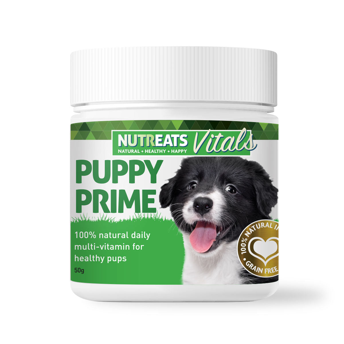 Nutreats puppy prime natural daily multivitamin supplement powder for young dogs and puppies.