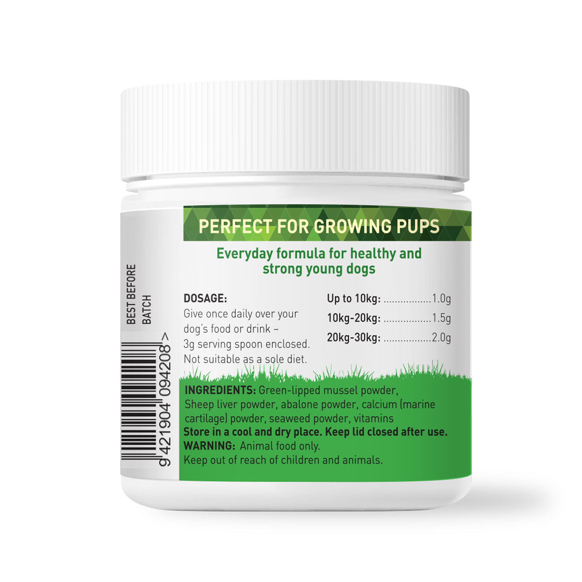 100% natural puppy supplement powder puppy prime supporting healthy bones, teeth, skin coat and muscle function. Provides dietary nutritional support rich in calcium, protein and multivitamins. Rich source of Omega-3, supporting joint and hip health. Grain free and sustainably sourced dietary supplement for dogs.