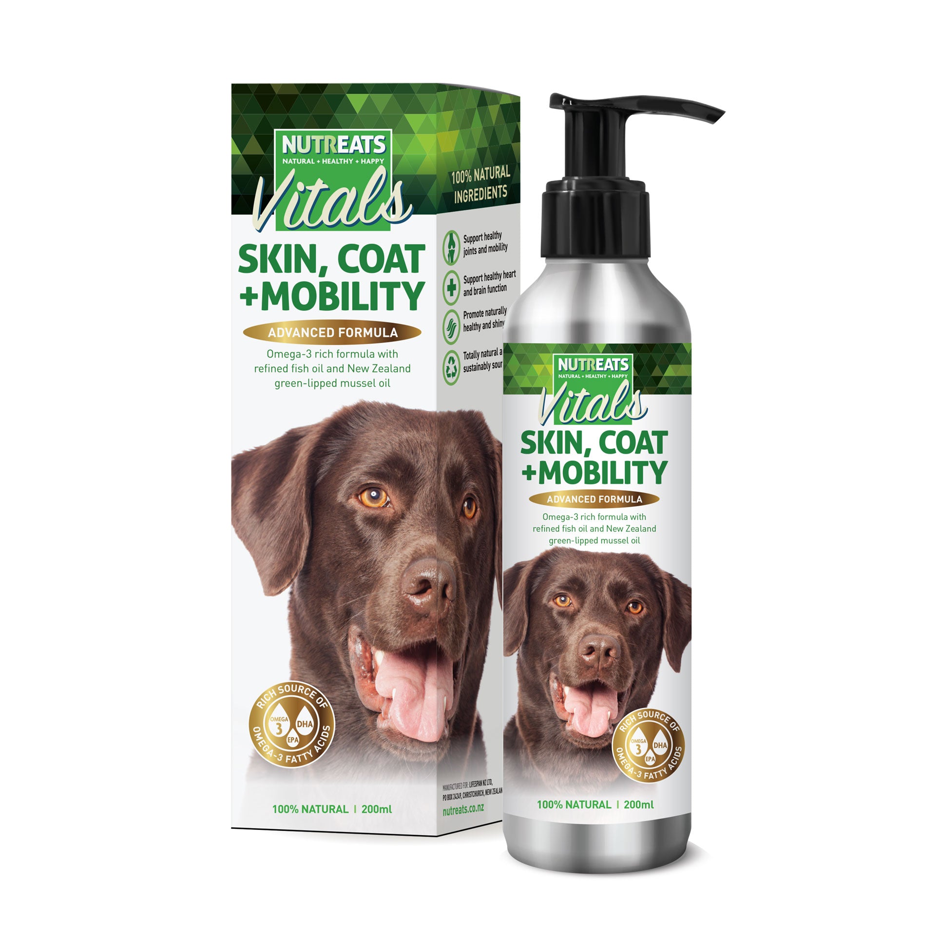 Nutreats Skin, Coat and Mobility oil for dogs - supplement for healthy skin, coat and supporting mobility in dogs. 100% natural nutritional supplement. Supporting healthy joints and mobility in dogs. Supports healthy heart and brain function. Promotes naturally healthy shiny coat. 100% natural grain free supplement for dogs.