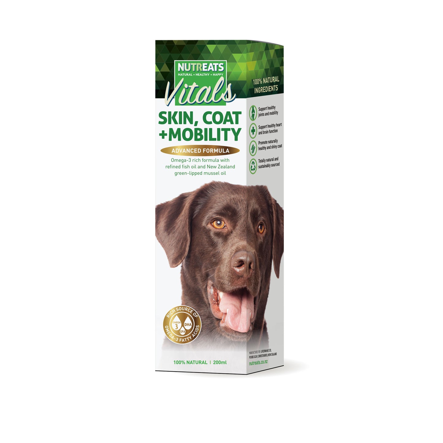 Nutreats Skin, Coat and Mobility oil for dogs - supplement for healthy skin, coat and supporting mobility in dogs. 100% natural nutritional supplement. Supporting healthy joints and mobility in dogs. Supports healthy heart and brain function. Promotes naturally healthy shiny coat. 100% natural grain free supplement for dogs.