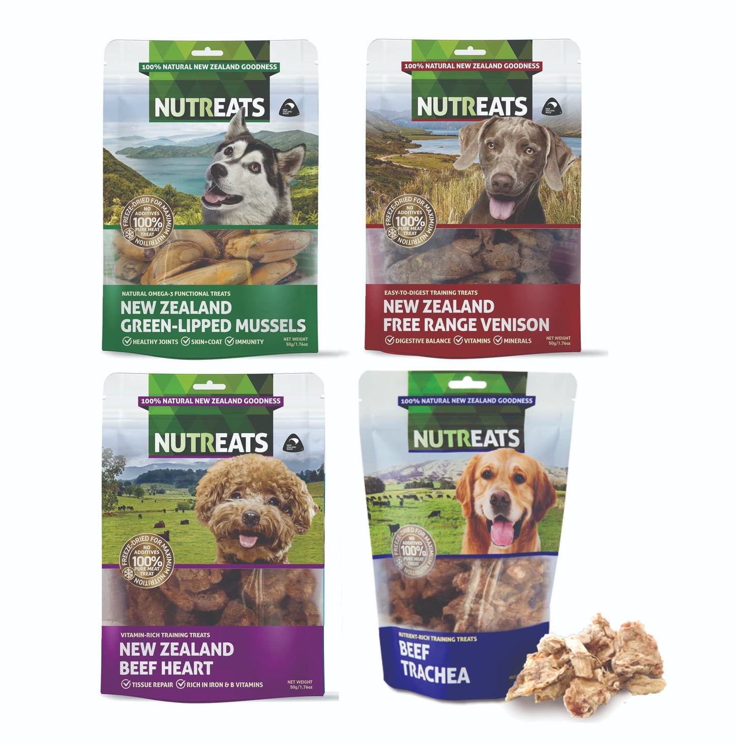Your dog will love these tasty treats, which look and taste just as good as nature intended, and you'll love the fact they're getting a nutritional boost with every bite. Our premium 100% natural dog treats support the health and wellbeing of your canine friend. All our treats are natural, free of additives and preservatives, and are suitable for dogs of all ages. Each 50g pack is equivalent to 250g of raw product.