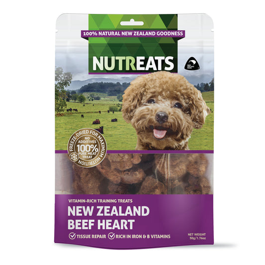 Nutreats New Zealand beef heart dog treats for dogs - rich in iron and B vitamins supporting healthy natural tissue repair and great training treats. 100% natural - pure meat treat. Freeze-dried for maximum nutritional value.