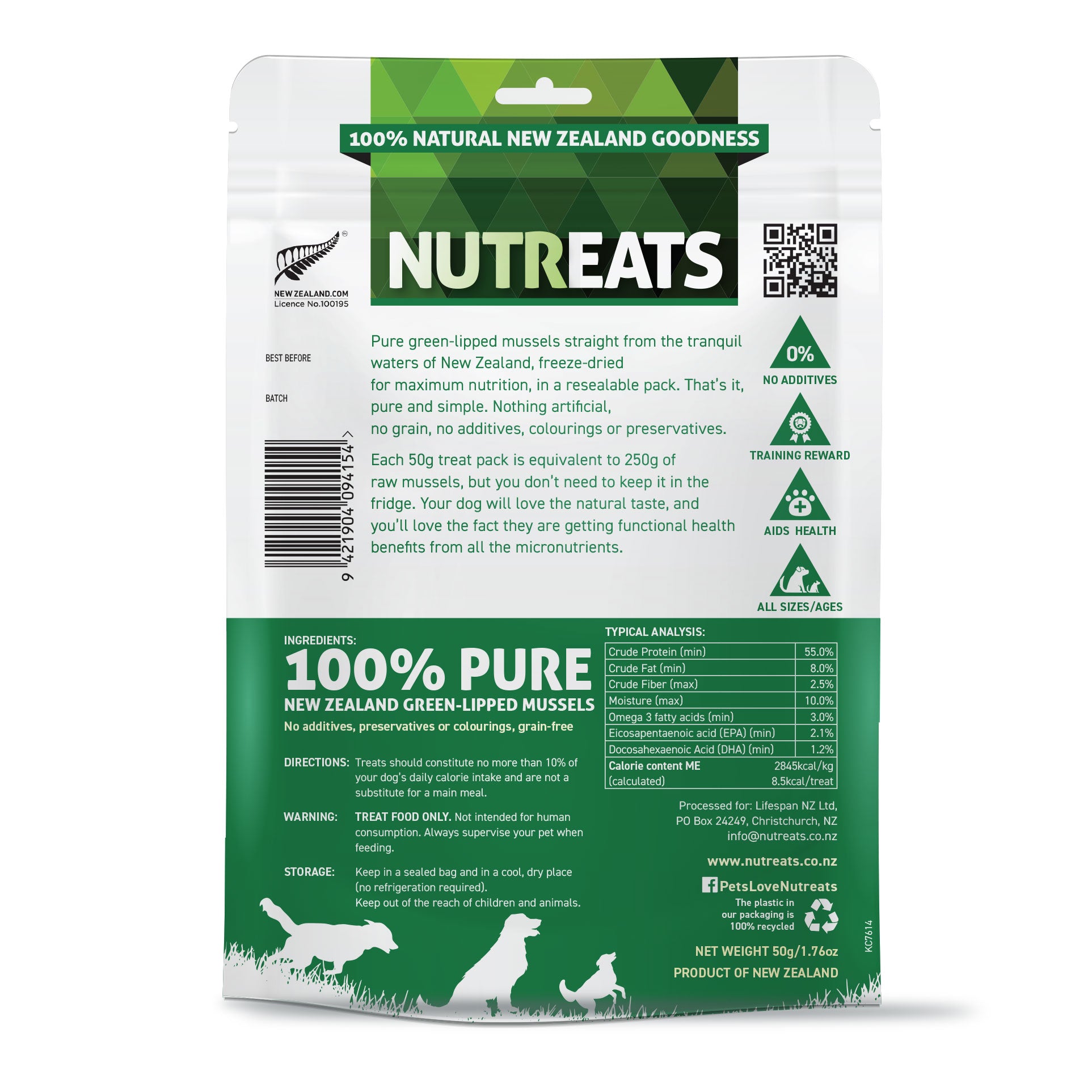 100% natural nutritional treats for dogs supporting healthy bones and joints. New Zealand Green-lipped mussels. Freeze-dried and 100% natural. Great for supporting healthy joints, ski and glossy coat and may help support immunity. Natural Omega-3 functional treats. Each pack is equivalent to 250g raw mulled meat. 