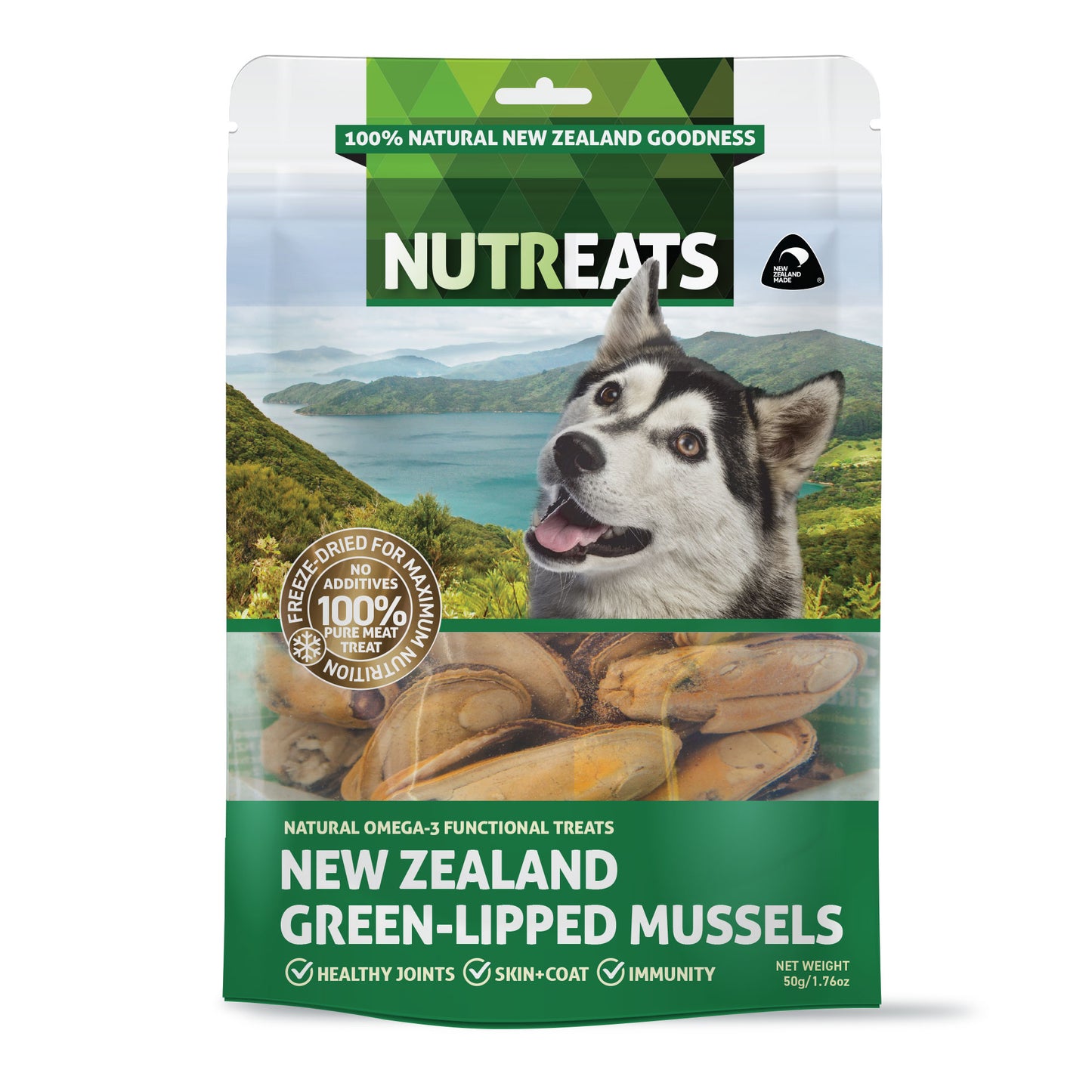 New Zealand Green-lipped mussels. Freeze-dried and 100% natural. Great for supporting healthy joints, ski and glossy coat and may help support immunity. Natural Omega-3 functional treats. 100% natural dog treats supporting health and immunity.