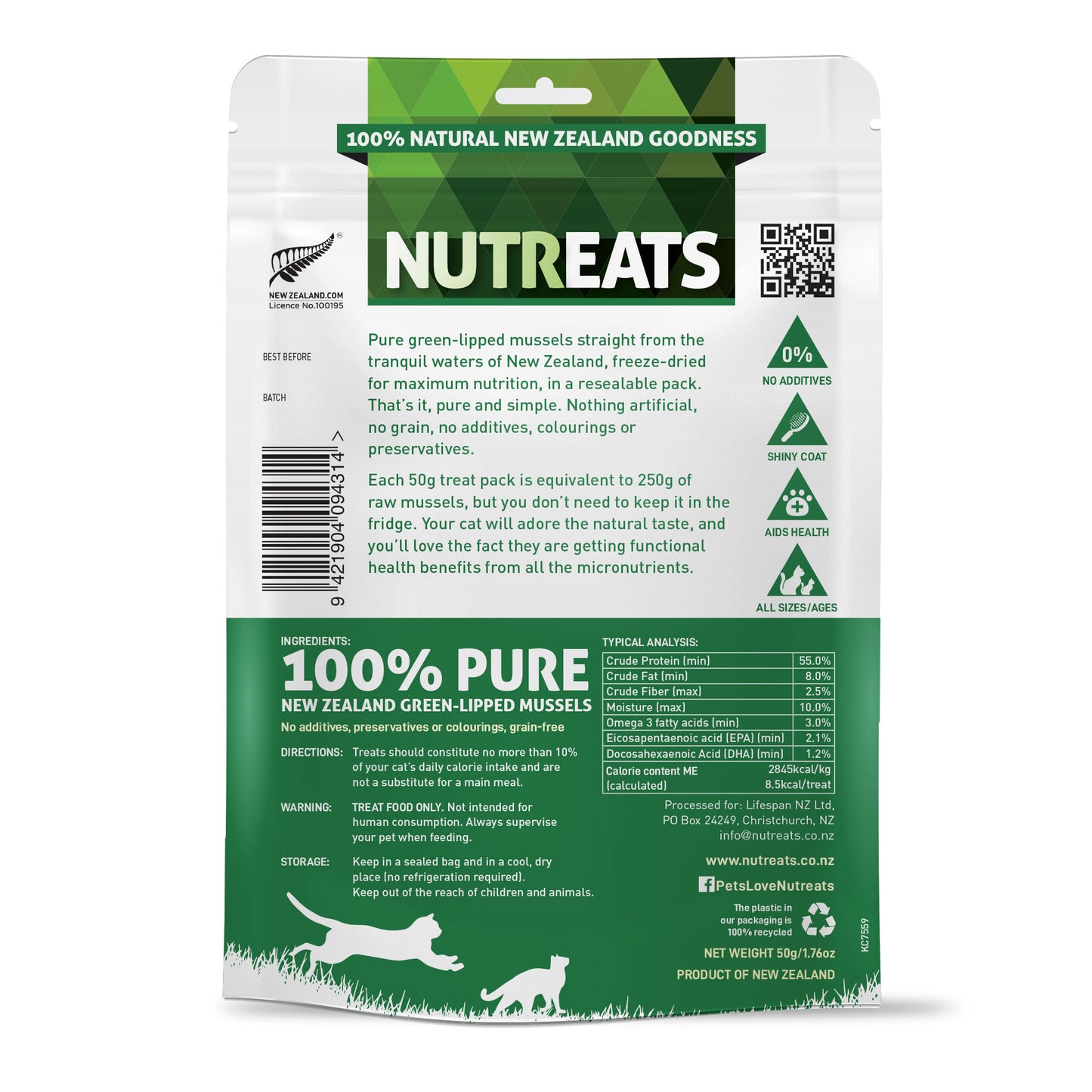 100% natural nutritional supplement treat for cats. New Zealand Green-lipped mussels. Freeze-dried and 100% natural. Great for supporting healthy joints, ski and glossy coat and may help support immunity. Natural Omega-3 functional treats.