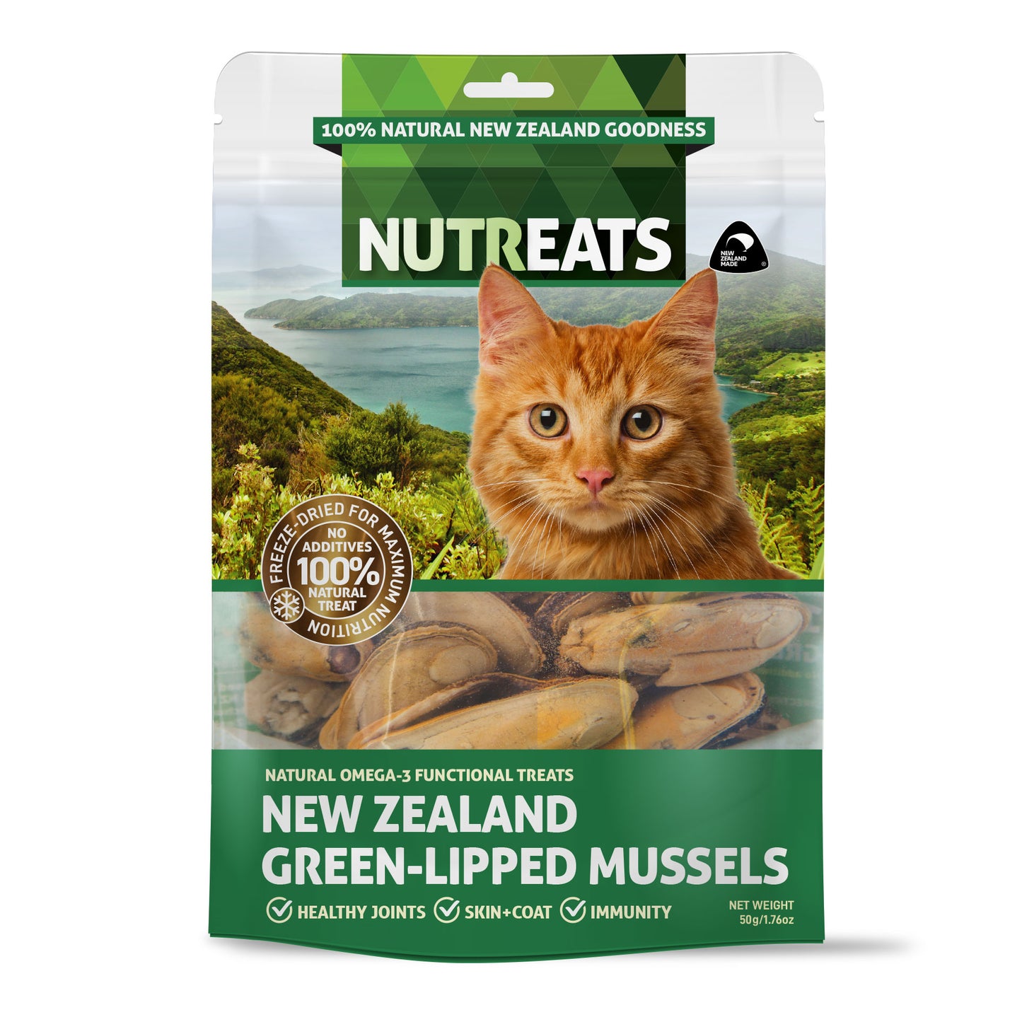 New Zealand Green-lipped mussels. Freeze-dried and 100% natural. Great for supporting healthy joints, skin and glossy coat and may help support cat's immunity. Natural Omega-3 functional treats.