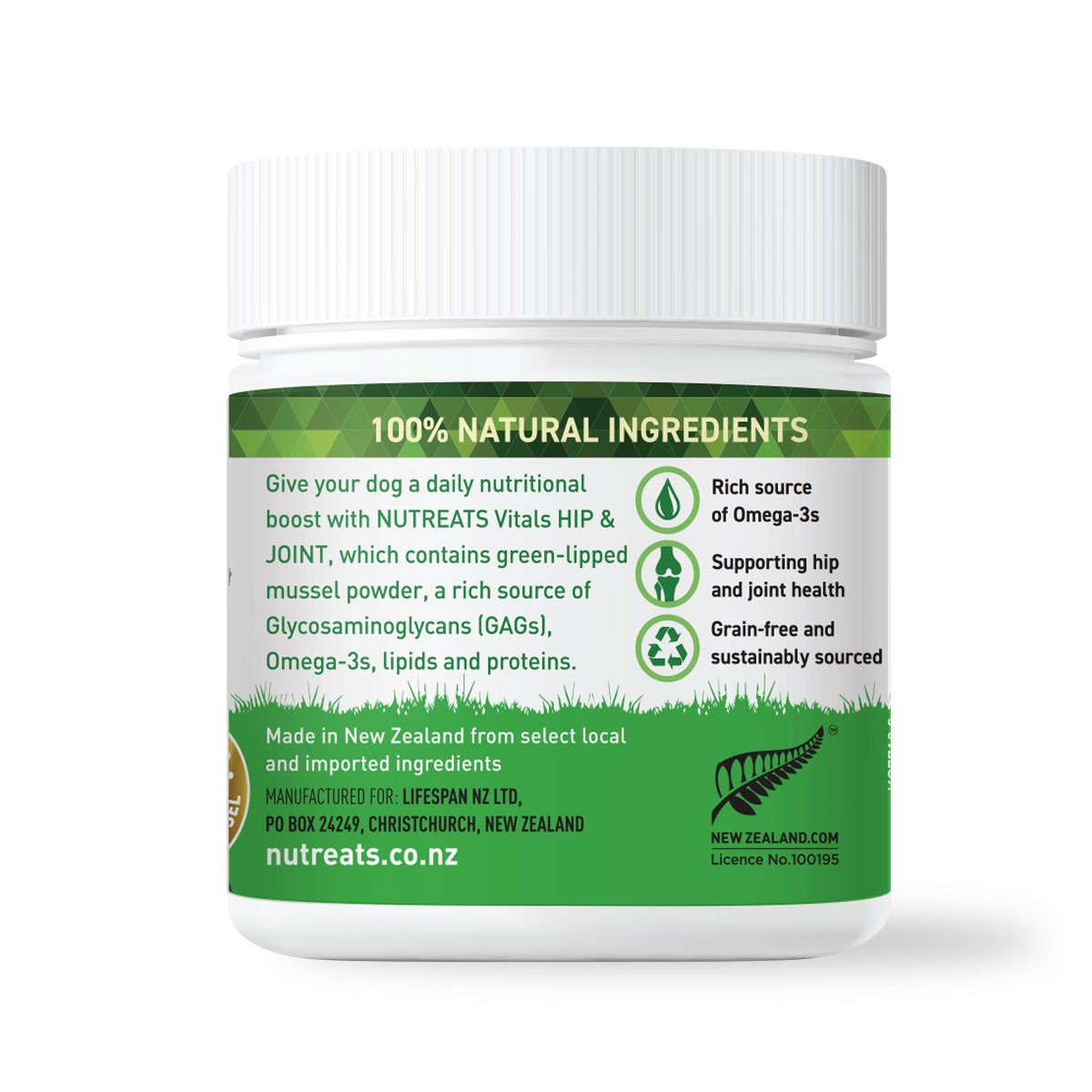 100% natural hip & joint supplement for dogs. Rig in Omega3. Nutreats Vitals Hip & Joint powder for dogs - supporting naturally healthy hips and joints in dogs. Rich in Omega 3 and a rich source of chondroitin. totally natural feed supplement for dogs supporting healthy hips and joints.