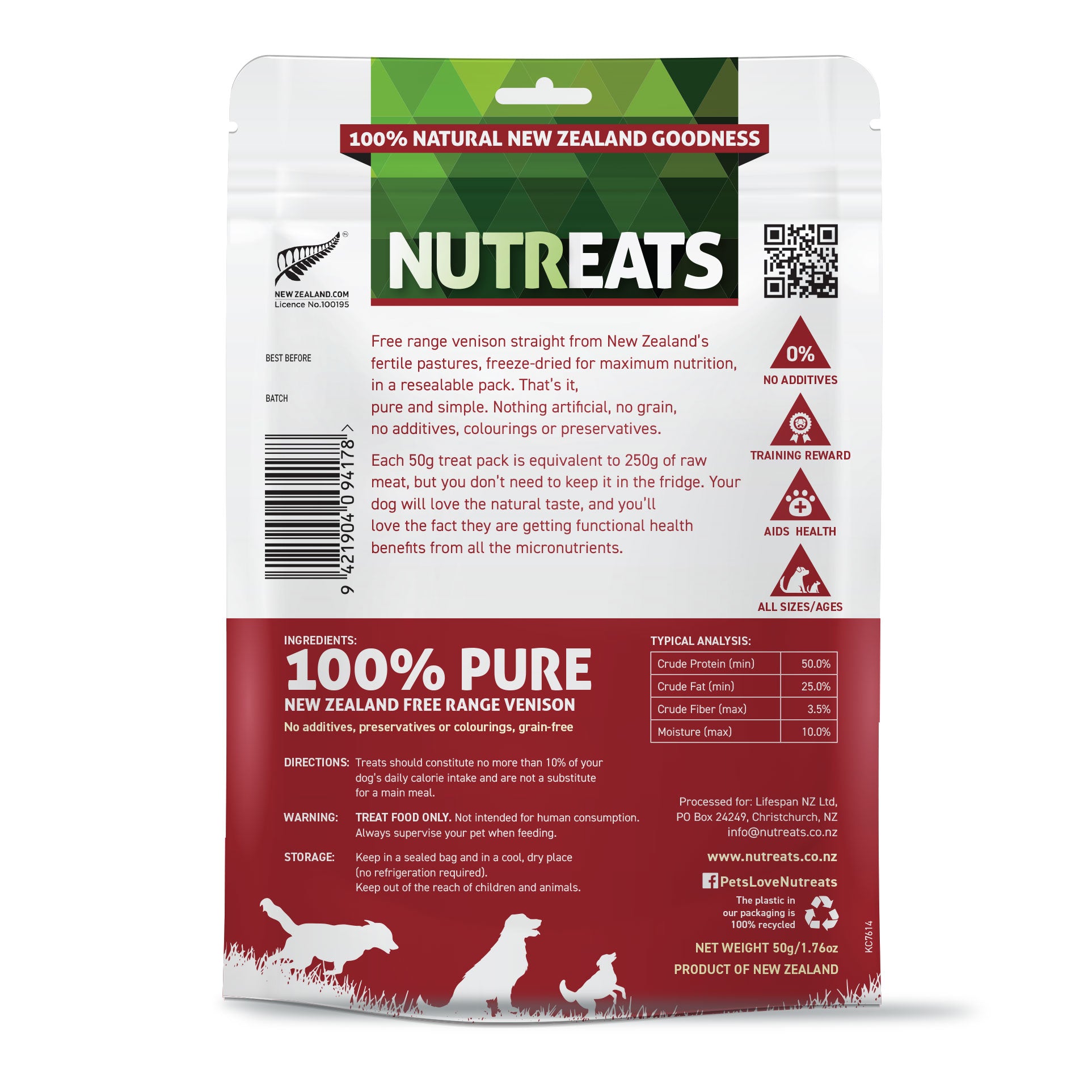 New Zealand Free Range Venison dog treats. Easy to digest and supporting naturally healthy digestion, rich in minerals and vitamins. This 100% natural treat made with premium free range New Zealand venison for your dog. Great as a training reward treat, aids health and suitable for all sizes of dog at all ages.