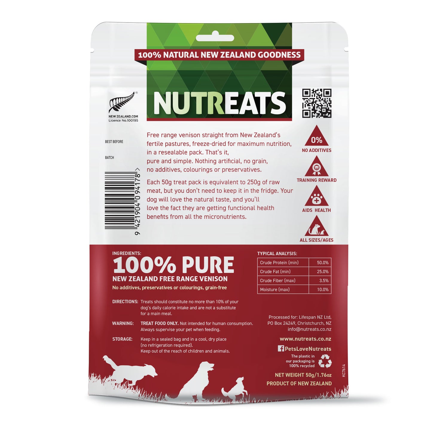 Nutreats New Zealand free range venison dog treats supporting digestive balance rich in vitamins and minerals. Easy to digest protein treat for your dog that supports their health. No additives, training reward your dog will love, aids health and suitable for all sizes and ages of dog. 