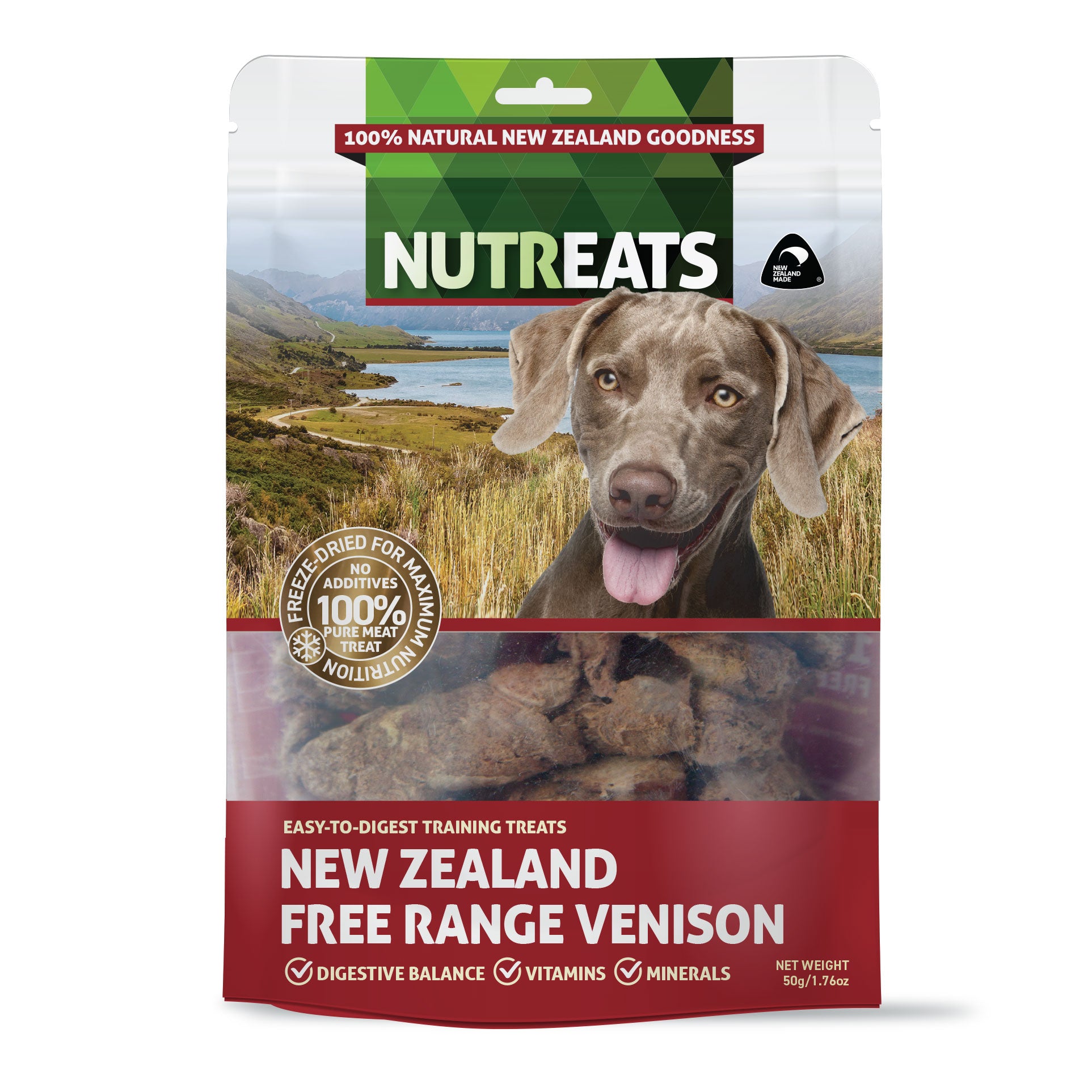 Nutreats New Zealand free range venison dog treats supporting digestive balance rich in vitamins and minerals. Easy to digest protein treat for your dog that supports their health.