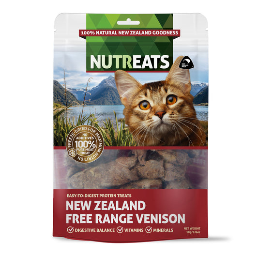 Nutreats New Zealand free range venison cat treats supporting digestive balance rich in vitamins and minerals. Easy to digest protein treat for your cat that supports their health.