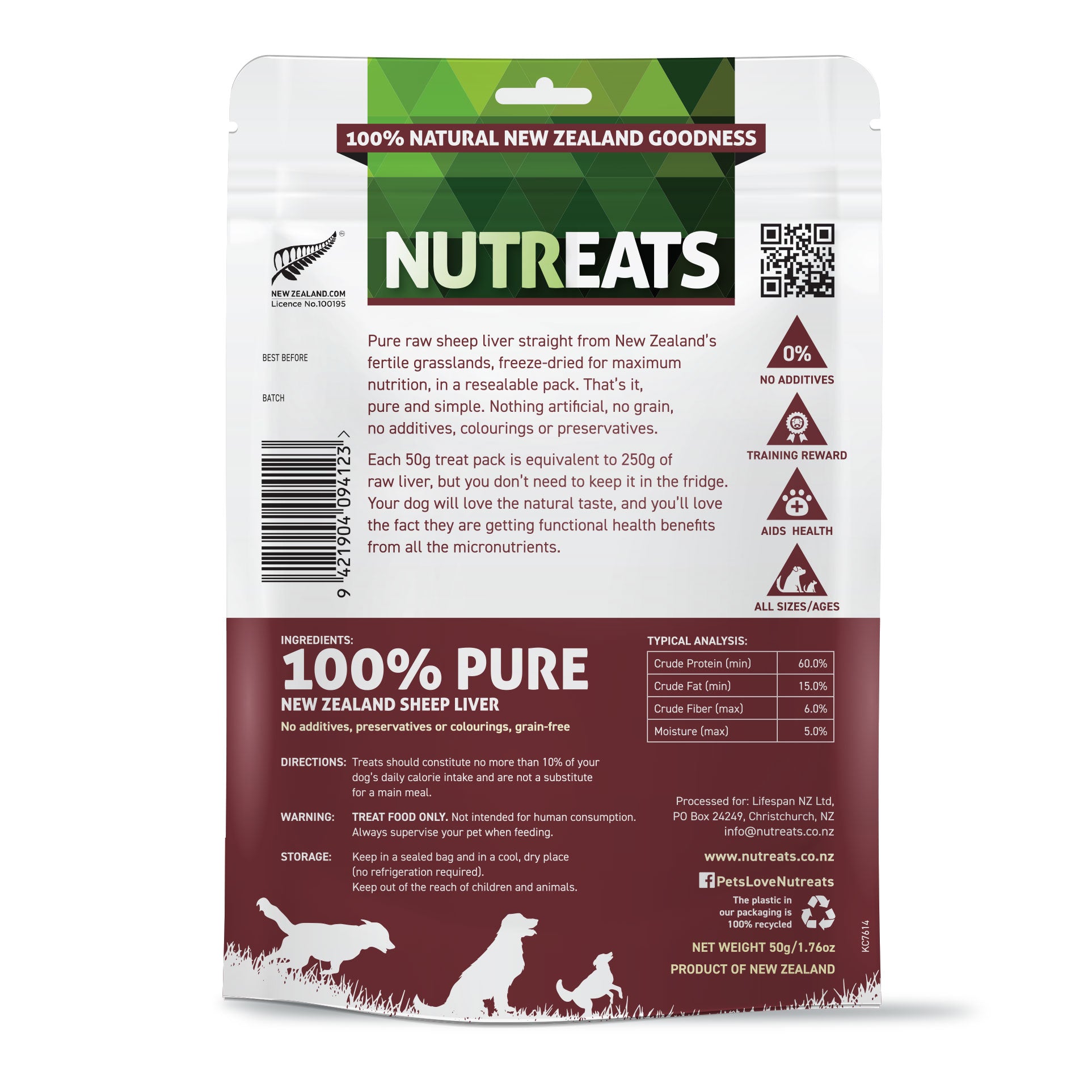 Nutreats New Zealand sheep liver dog treats. Protein rich dog training treats. Totally natural nutrient supplement treats supporting anti-inflammatory reactions and rich in vitamin an and Iron. Pure meat treat for dogs. Not additives training reward. Aids health and suitable for dogs of all ages and sizes. 50g freeze dried equivalent to 250g raw liver.