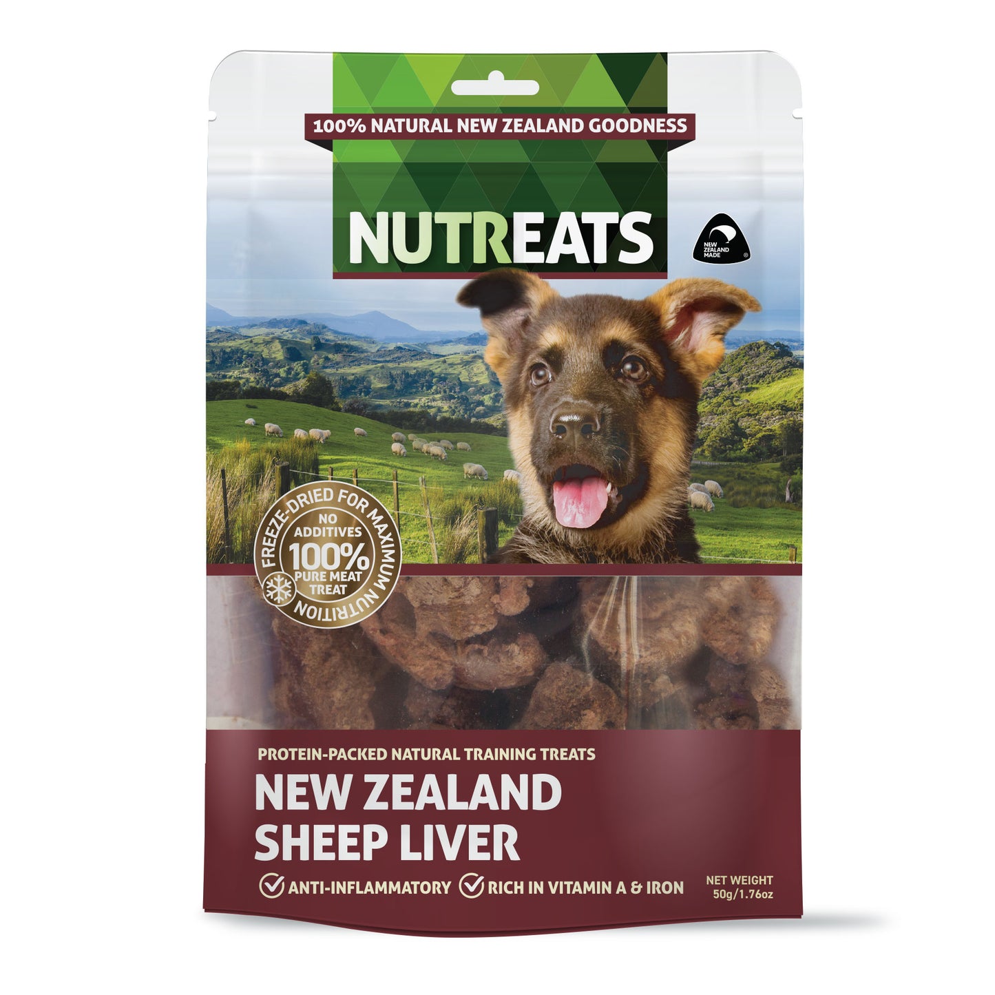Nutreats New Zealand sheep liver dog treats. Protein rich dog training treats. Totally natural nutrient supplement treats supporting anti-inflammatory reactions and rich in vitamin an and Iron. Pure meat treat for dogs.