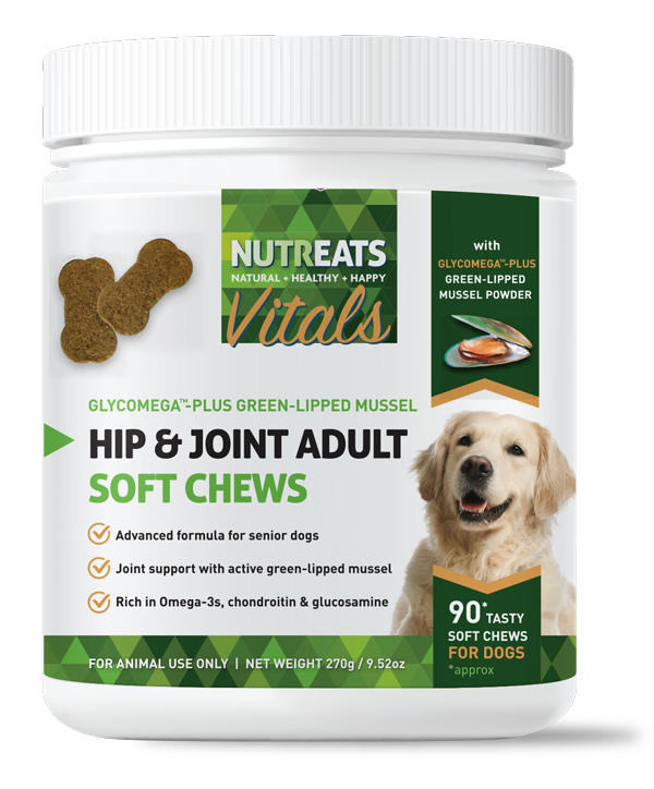 Hip and Joint Adult Soft Chews - high-strength GlycOmega™-PLUS New Zealand green-lipped mussel powder, chondroitin, Omega-3s, glucosamine, vitamin C, and kelp to support flexibility, mobility, and joint comfort.