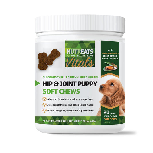 Hip and joint soft chews  mobility supplement for puppy health. With GlycOmega-PLUS green-lipped mussel powder. For small or young dogs. Joint support with green-lipped mussel powder. Rich in omega 3, chondroitin and glucosamine for dogs and young puppies.