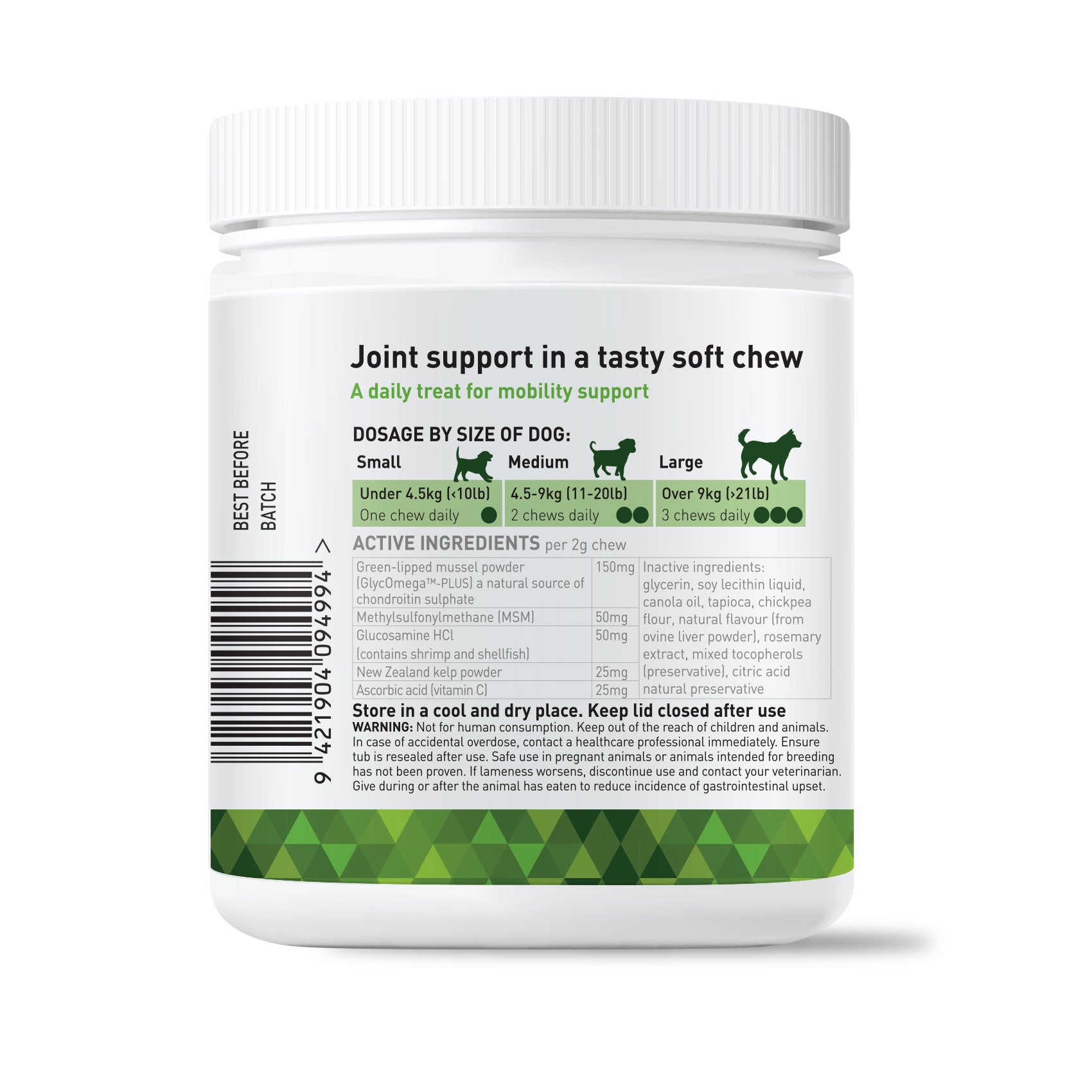 Joint support soft chews for dogs and puppies. Actively supporting healthy dog joints. Hip and joint soft chews  mobility supplement for puppy health. With GlycOmega-PLUS green-lipped mussel powder. For small or young dogs. Joint support with green-lipped mussel powder. Rich in omega 3, chondroitin and glucosamine for dogs and young puppies.