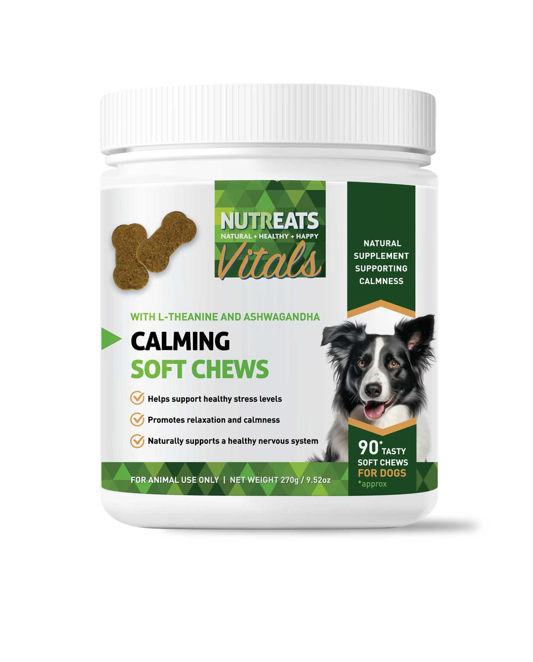 Calming Soft Dog Chews - Promote your dog's calmness and relaxation with L-theanine, L-tryptophan, ashwagandha, chamomile, and premium GlycOmega™-PLUS mussel powder. This high-strength formula supports healthy stress levels and nervous system function.