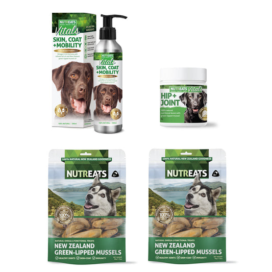Nutreats Vitals Skin, coat and mobility supplement for dogs- supporting healthy skin, glossy coat and active mobility in dogs. Hip and Joint supplement powder for dogs and  New Zealand Green-lipped mussels. Freeze-dried and 100% natural. Great for supporting healthy joints, ski and glossy coat and may help support immunity. Natural Omega-3 functional treats. 100% natural dog treats supporting health and immunity.