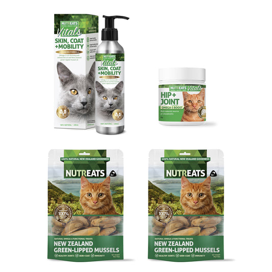 Nutreats Vitals skin, coat and mobility for cats - feed supplement. Supporting healthy bones, joints and healthy skin of your cat. Hip & Joint support with Omega-3. New Zealand Green-lipped mussels. Freeze-dried and 100% natural. Great for supporting healthy joints, ski and glossy coat and may help support immunity. Natural Omega-3 functional treats.