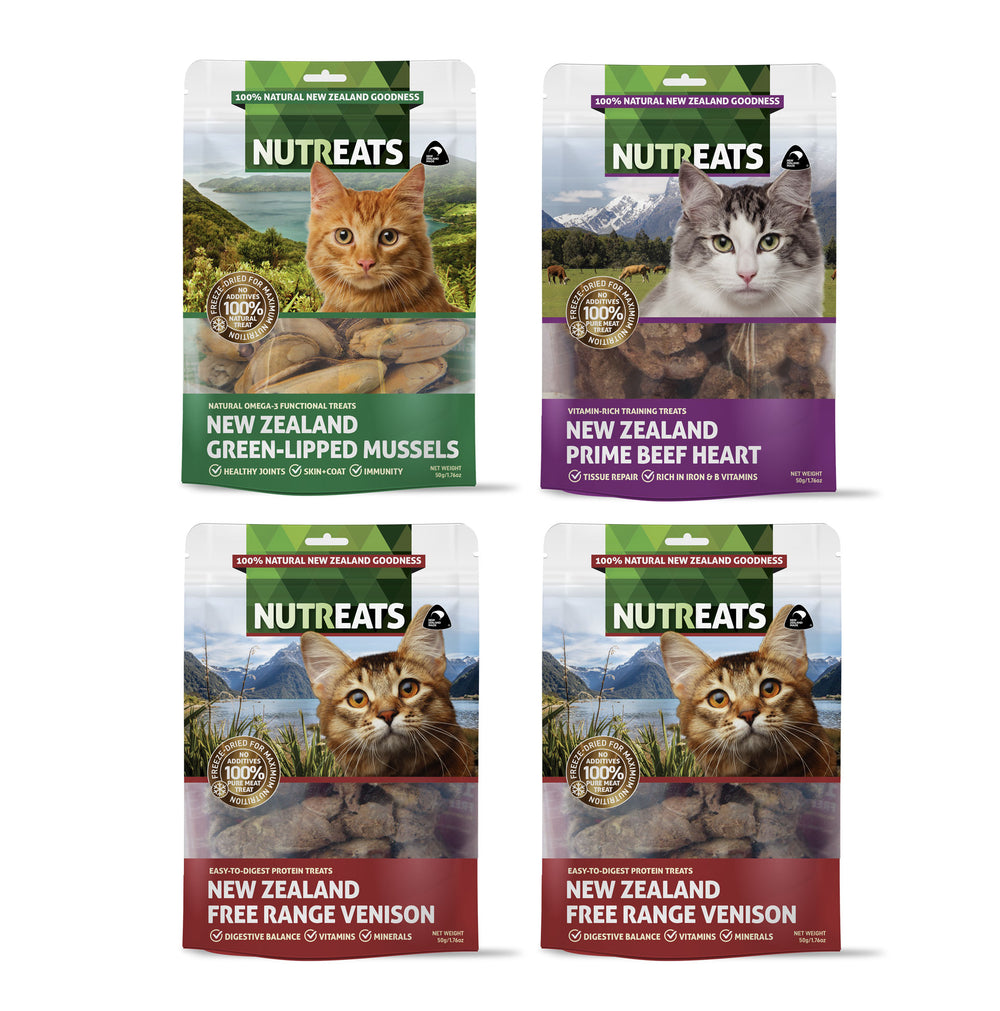 Nutreats Cat treats bonus packs - including New Zealand Green-lipped mussel, Prime Beef Heart, Free range Venison - supporting your cat's health and wellbeing. Rich in nutrients and 100% totally natural.