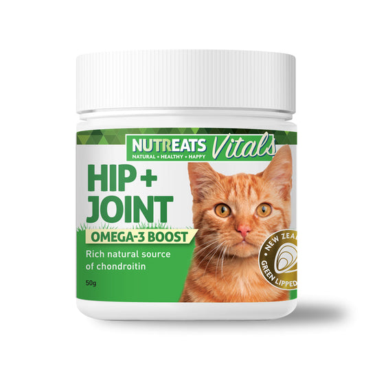 Nutreats Vitals Hip & Joint powder for cats - supporting naturally healthy hips and joints in cats. Rich in Omega 3 and a rich source of chondroitin. totally natural feed supplement for cats supporting healthy hips and joints.