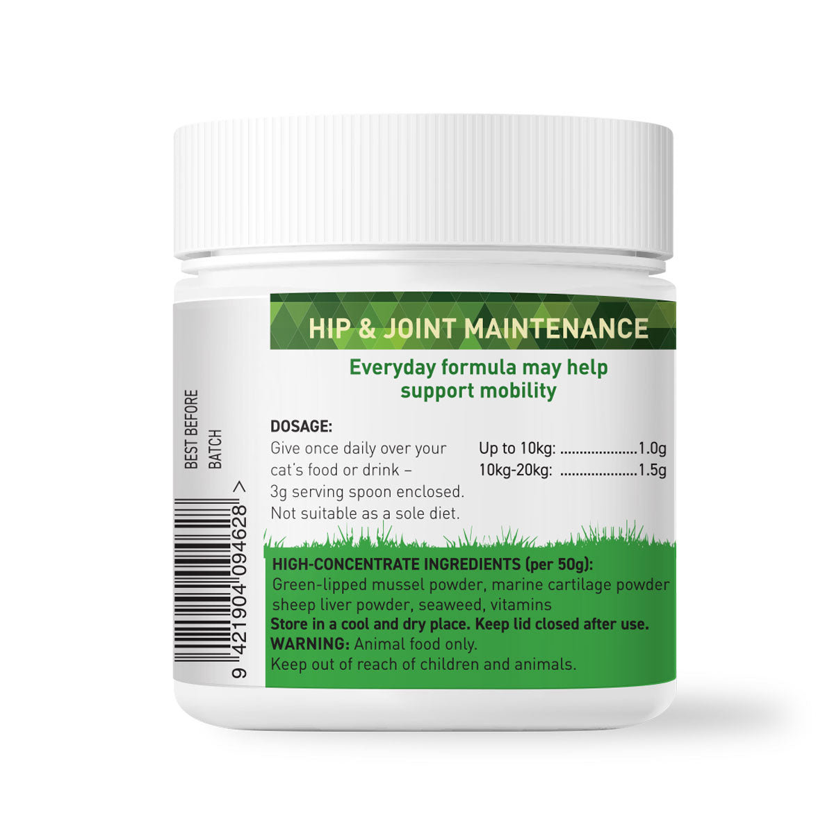 Nutreats Vitals Hip & Joint Powder for healthy hips and joints. Everyday formula supporting your cat's mobility, healthy joints and shiny coat. Rich in Omega-3 with green-lipped mussel powder.