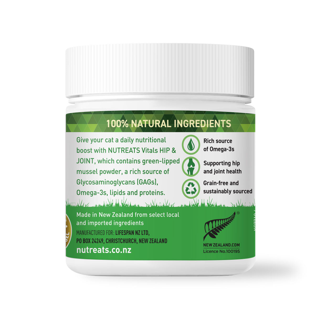 Nutreats Vitals Hip&Joint for cats - a daily nutritional boost containing green-lipped mussel powder, a rich source of Omega-3s, lipids and proteins. Supporting cats hip & joint health. Sustainably sourced and grain free.