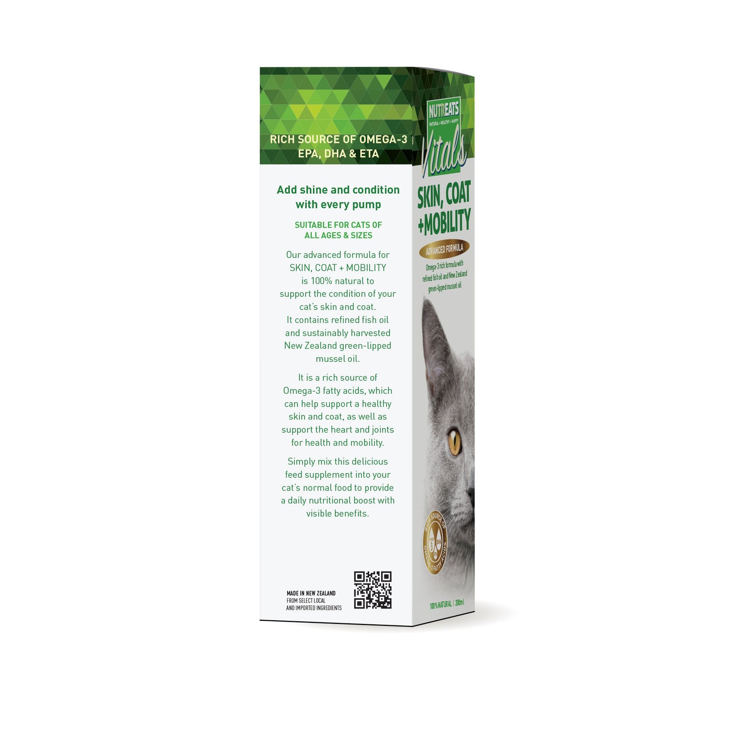 Nutreats Skin, Coat and Mobility oil for cats - supplement for healthy skin, coat and supporting mobility in cats. 100% natural nutritional supplement. Supporting healthy joints and mobility in cats. Supports healthy heart and brain function. Promotes naturally healthy shiny coat. 100% natural grain free supplement for cats.