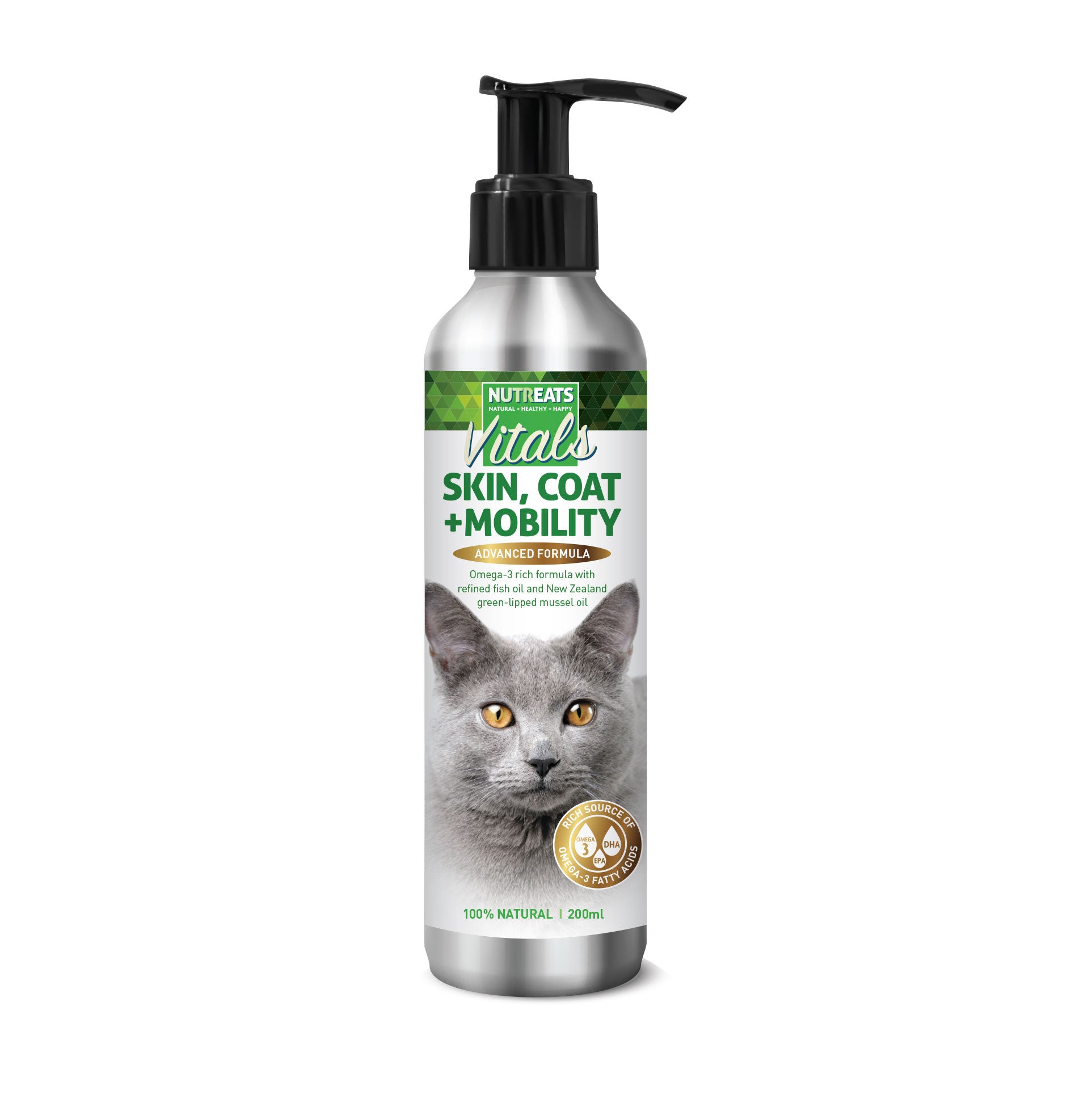 Nutreats Vitals, Skin, Coat and Mobility - advanced formula. Omega-3 rich supporting your cat's health this daily supplement with green-lipped mussel oil.