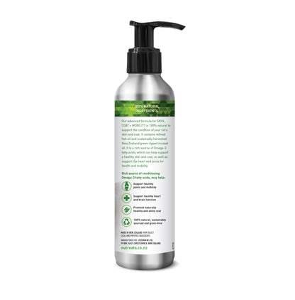 Nutreats Vitals Skin, Coat and Mobility- green-lipped mussel oil supporting healthy joints and mobility. Supporting a healthy heart and brain function in your cat. Promotes naturally glossy coat and healthy skin. 100% natural.