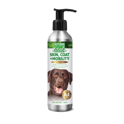 Skin, Coat and mobility nutritional supplement for dogs, supporting healthy joints and mobility with healthy coat and skin. Rich in Omega 3 with fgreen-lipped  mussel oil.