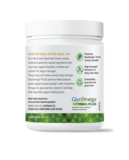 Joint health supplement for dogs support joint mobility with natural omega 3, Glucosamine Nutreats NZ. Advanced joint support formula with active green -lipped mussel, rich in omega3, chondroitin and glucosamine for dogs. With GlycOmega PLUS green lipped mussel powder. May help support healthy bones and joints in your dog.