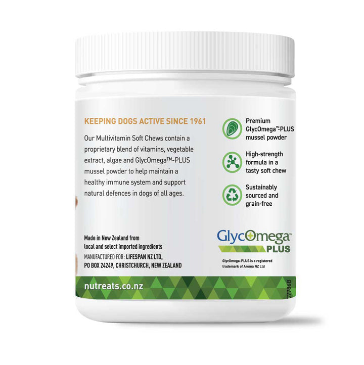 Nuteats multivitamin soft chews for dogs - supporting healthy immunity, healthy skin coat and nails. Supports overall wellness and immunity in dogs. Wellness and vitality support. . With GlycOmega-PLUS green lipped mussel powder rich in Omega3.