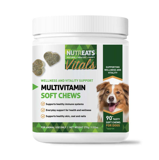 Nuteats multivitamin soft chews for dogs - supporting healthy immunity, healthy skin coat and nails. Supports overall wellness and immunity in dogs. Wellness and vitality support. 