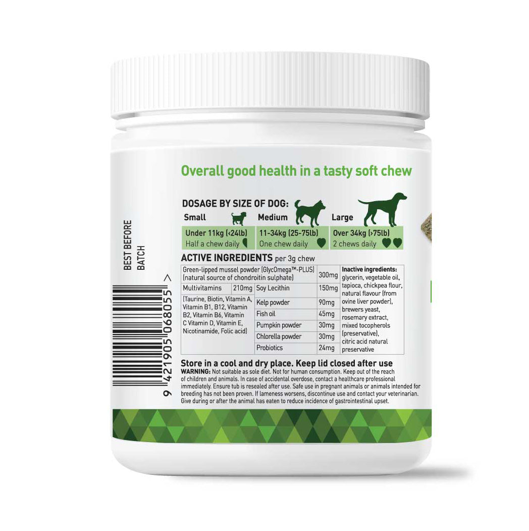 Nuteats multivitamin soft chews for dogs - supporting healthy immunity, healthy skin coat and nails. Supports overall wellness and immunity in dogs. Wellness and vitality support.  For dogs of all sizes and ages.