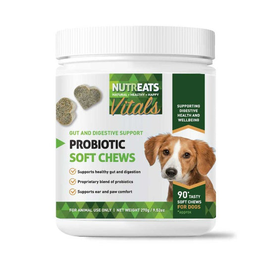 Probiotic supplement for dogs natural gut health and help digestion. Nutreats dog probiotics supports healthy gut and digestion with Probiotics and supports paw and ear comfort. Gut and digestive support with probiotics soft chew supplements for dogs.