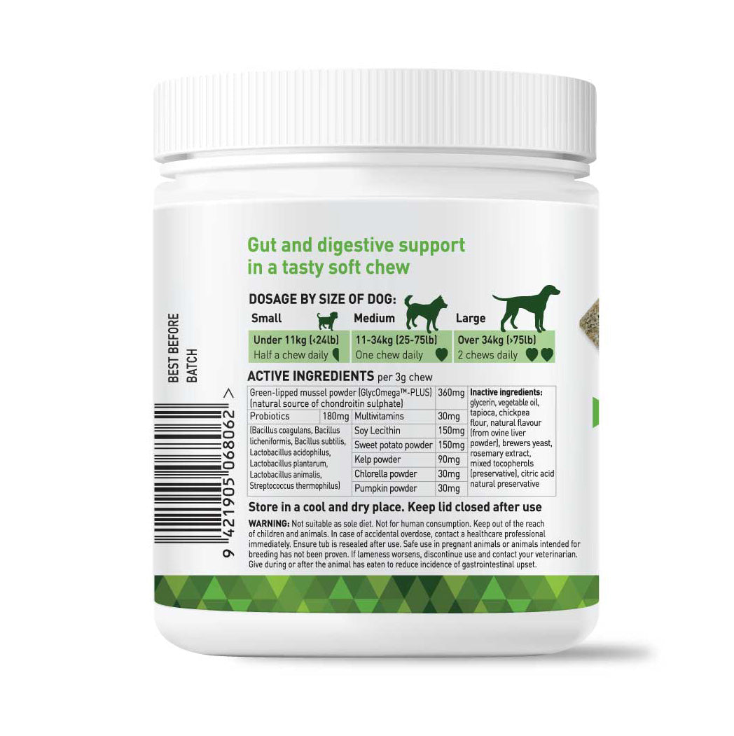 Nutreats probiotic supplement for dogs natural gut health and help digestion. Supporting healthy gut and digestion with Probiotics and supports paw and ear comfort. Gut and digestive support with probiotics soft chew supplements for dogs.