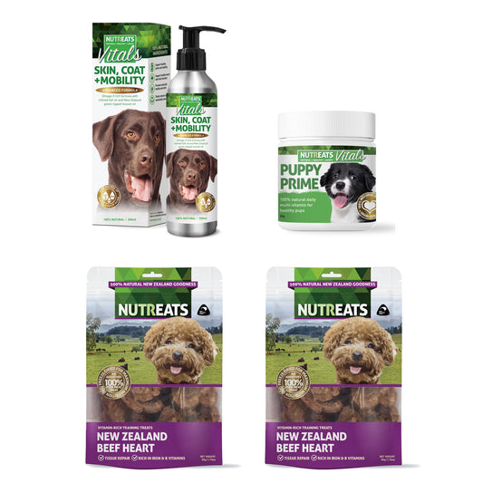 Nutreats skin, coat and mobility - supporting healthy joints, skin and coat for dogs. Puppy prime for dogs, 100% natural daily nutritional supplement and freeze-dried beef heart treats for dogs, rich in iron and b vitamins - nutritional support for dogs.